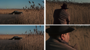 An image of a car parked in the countryside alternates with images of Clemenza taking a leak